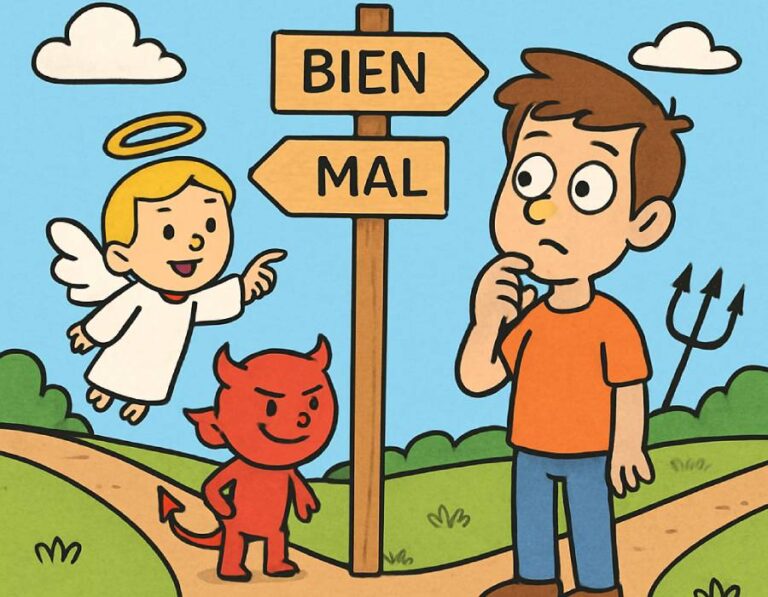 Joven ante un cruce de caminos con señales de bien y mal, acompañado por un ángel y un diablito, representando el libre albedrío