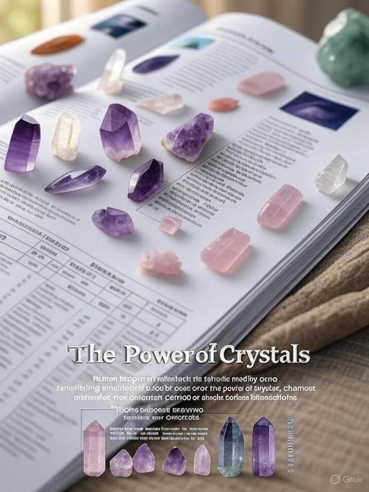 Libro abierto mostrando una variedad de cristales coloridos, incluyendo amatista y cuarzo rosa, con el título 'El Poder de los Cristales' en la página, ideal para una guía para principiantes.