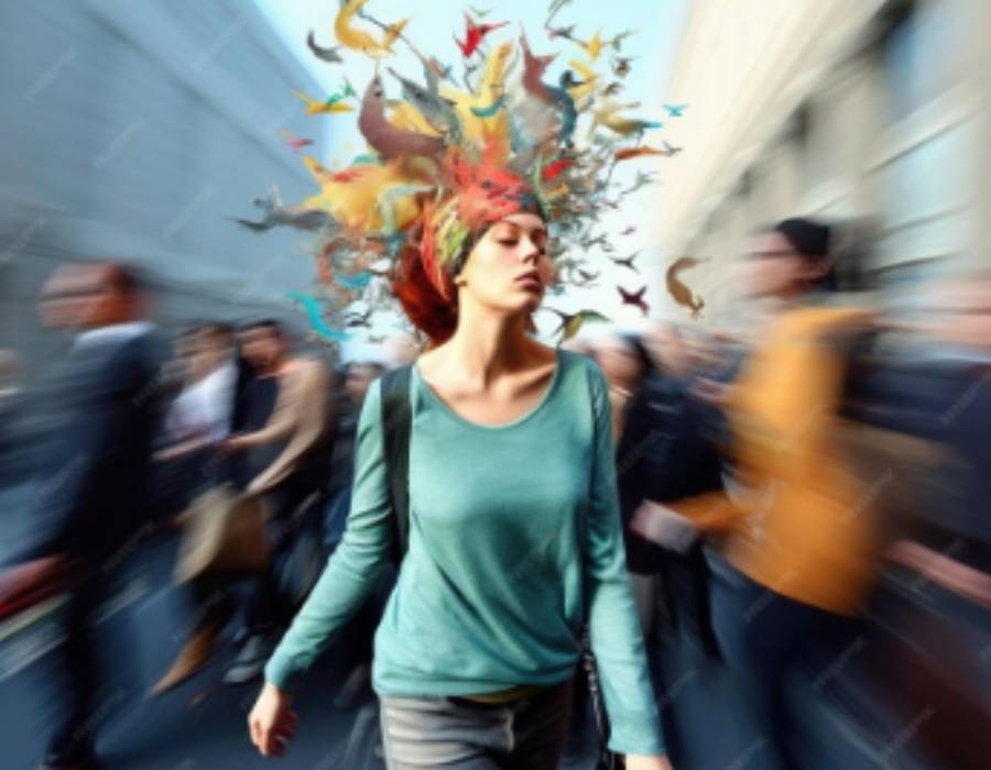 Mujer con aves coloridas simbolizando el alma floreciente en un camino de transformación espiritual y crecimiento personal, rodeada de energía positiva y superación.