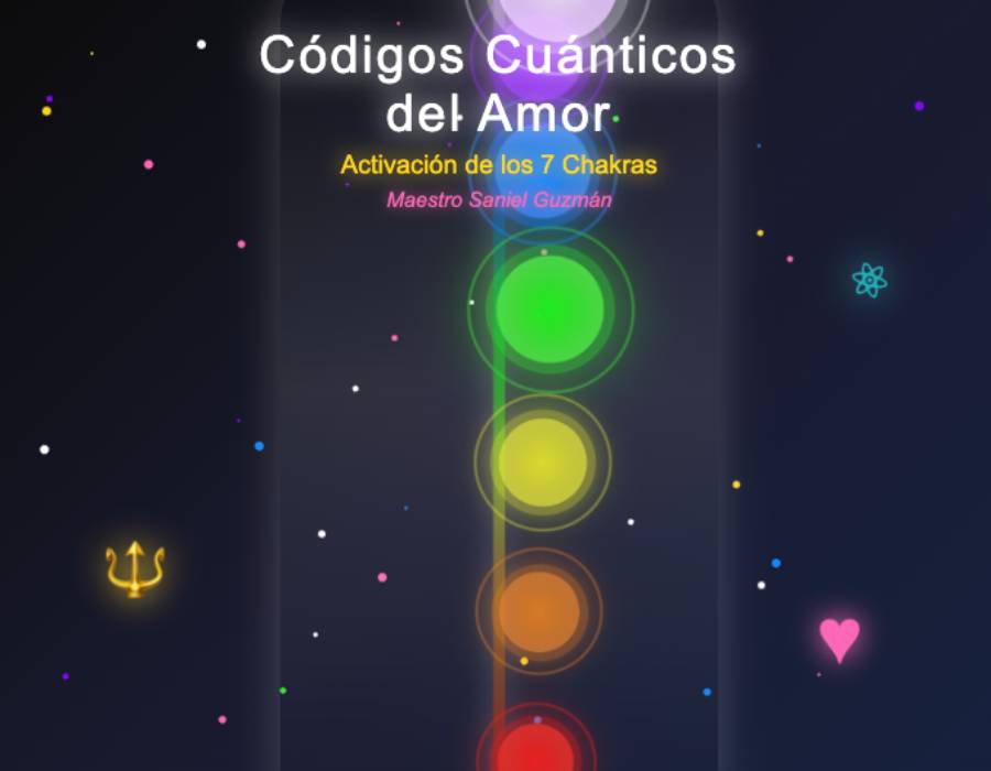 Silueta humana con los 7 chakras activados mostrando códigos cuánticos del amor, colores vibrantes de chakras desde rojo hasta violeta, efectos de energía luminosa y partículas flotantes, diseño místico para activación espiritual del amor auténtico