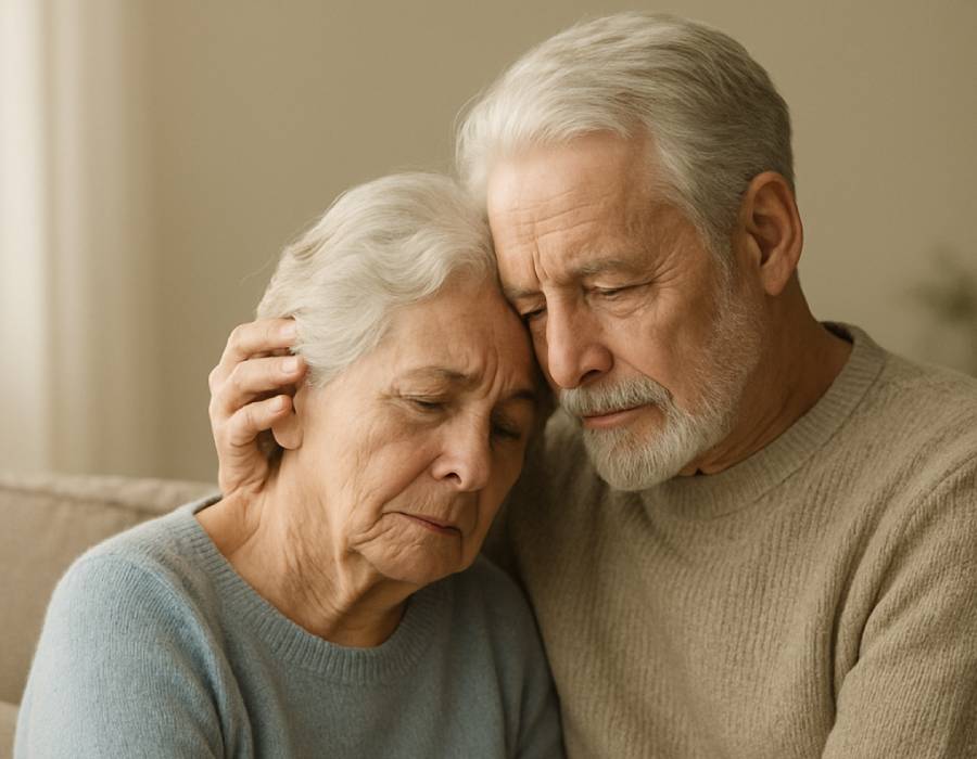 Pareja de ancianos abrazados con ternura en el sofá, reflejando amor y apoyo emocional en la vejez.