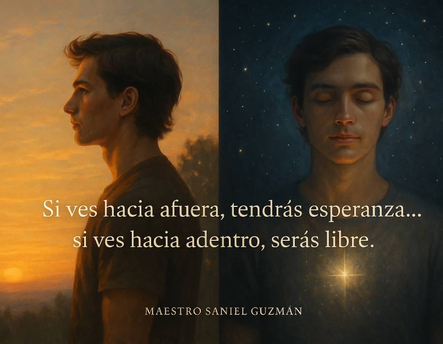 Imagen espiritual dividida en dos mitades: a la izquierda, un hombre contempla un atardecer buscando esperanza; a la derecha, el mismo hombre con los ojos cerrados irradia luz desde el corazón, simbolizando libertad interior.