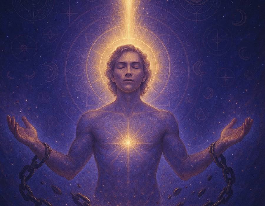 Figura espiritual andrógina liberándose de cadenas oscuras, iluminada por un rayo de luz dorado, con símbolos cósmicos y esotéricos sobre fondo azul púrpura, representando la liberación del condicionamiento religioso.