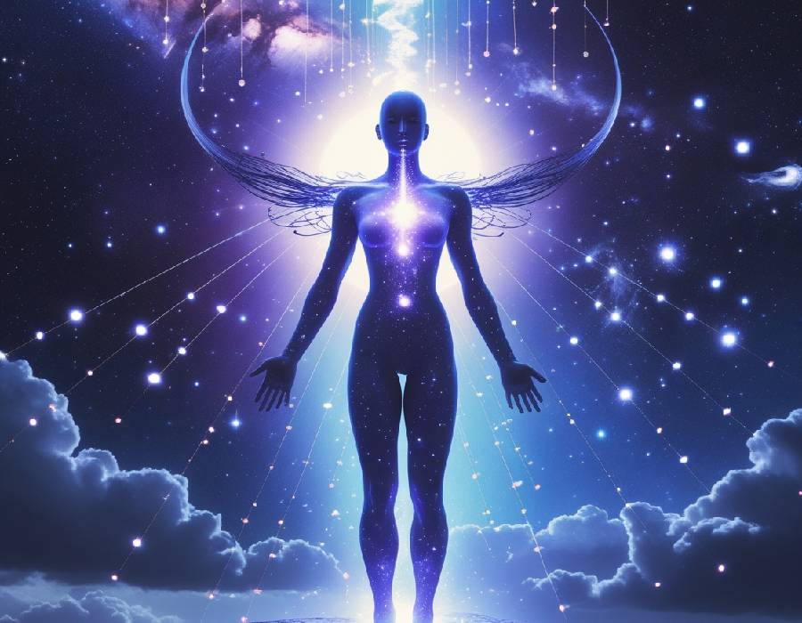 Ser espiritual andrógino iluminado con luz cósmica, rodeado de estrellas y energía celestial, simbolizando liberación espiritual y conexión divina.