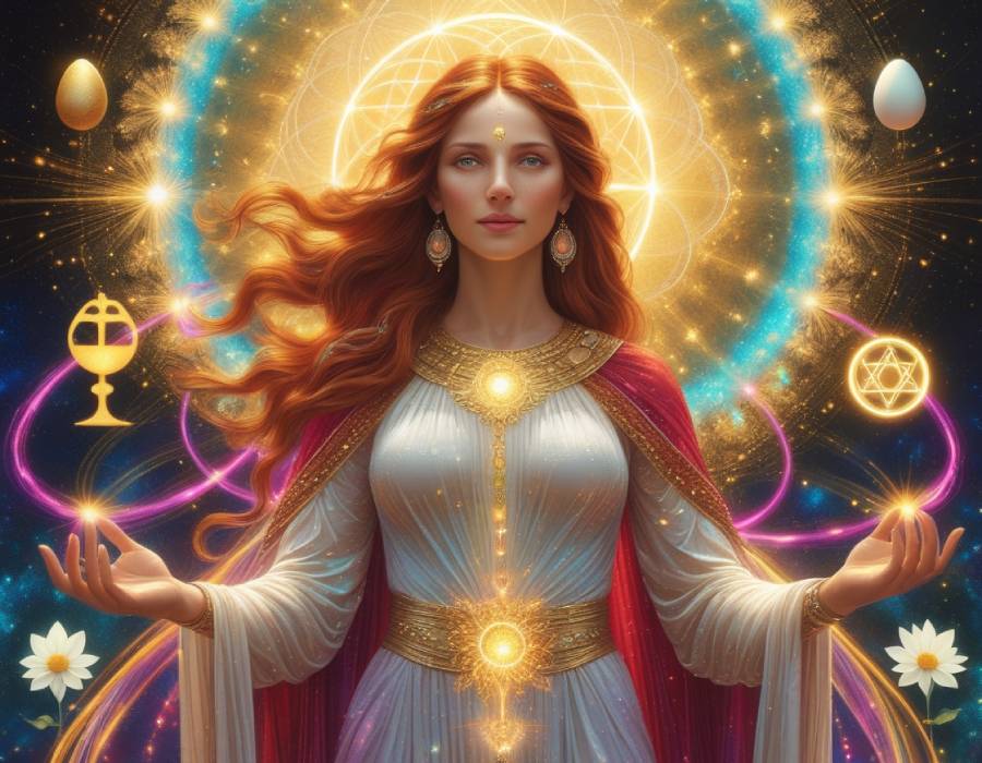 Retrato realista de María Magdalena representada como una sanadora espiritual y cuántica, con símbolos místicos como la Flor de la Vida, loto y geometría sagrada, canalizando energía con sus manos extendidas.