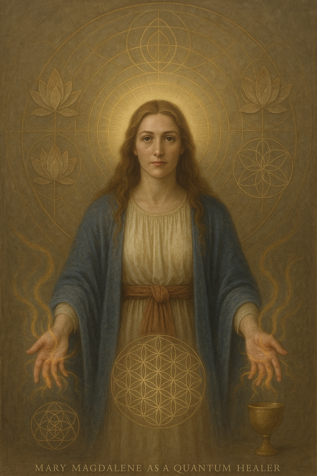 Retrato realista de María Magdalena representada como una sanadora espiritual y cuántica, con símbolos místicos como la Flor de la Vida, loto y geometría sagrada, canalizando energía con sus manos extendidas.
