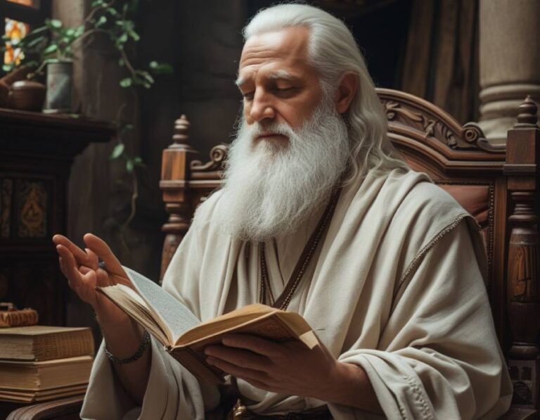 Hombre sabio en meditación leyendo textos apócrifos antiguos con fondo místico dorado, representación espiritual del Maestro Saniel