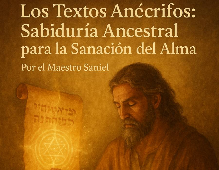 Hombre sabio en meditación leyendo textos apócrifos antiguos con fondo místico dorado, representación espiritual del Maestro Saniel