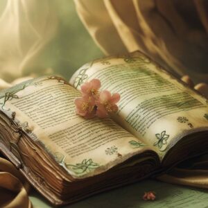 Libro antiguo iluminado con flores rosadas sobre sus páginas, decorado con símbolos místicos y rodeado de telas doradas
