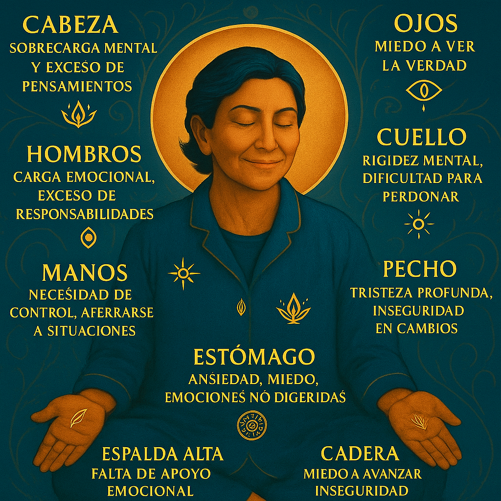 Ilustración espiritual que representa una mujer meditando con un mapa del cuerpo humano indicando bloqueos emocionales y su significado en distintas partes como la cabeza, el estómago, los hombros y los pies.