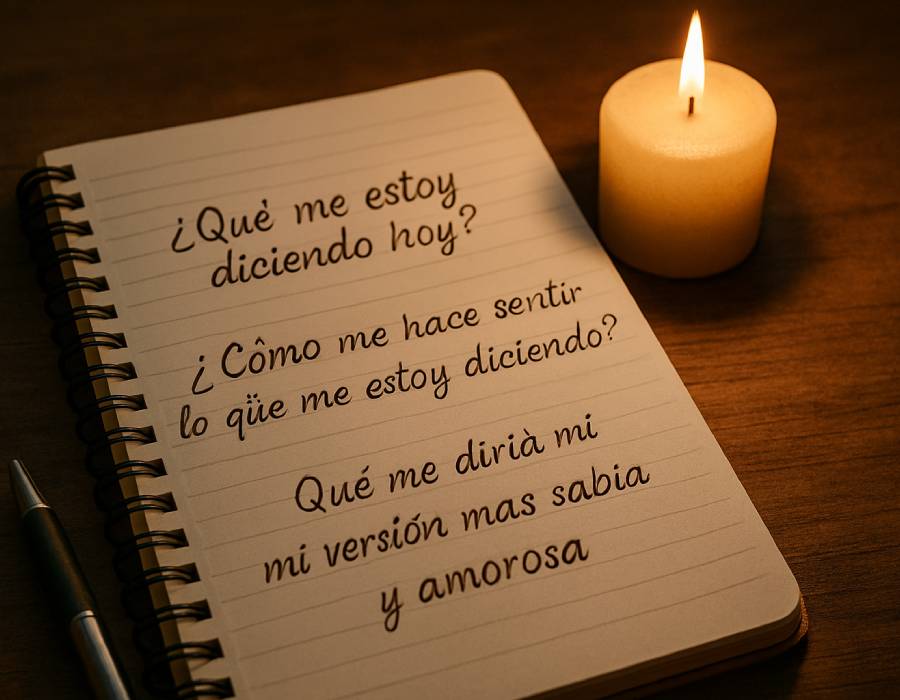 Ejercicio de autoescucha emocional con tres preguntas escritas en un cuaderno junto a una vela encendida