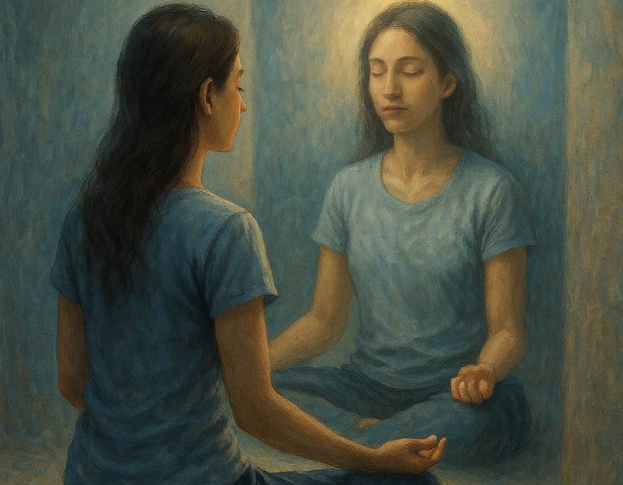 Mujer meditando frente a su reflejo interior en una atmósfera espiritual azul