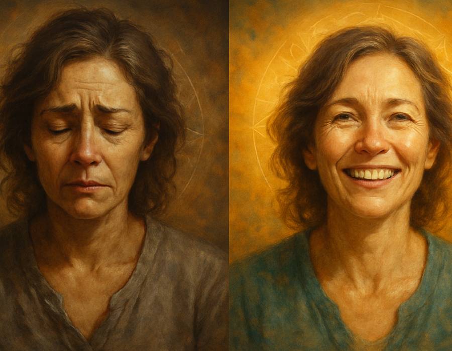 Rostro femenino que refleja el cambio emocional del diálogo interno, pasando de tristeza a alegría, con fondo espiritual dorado