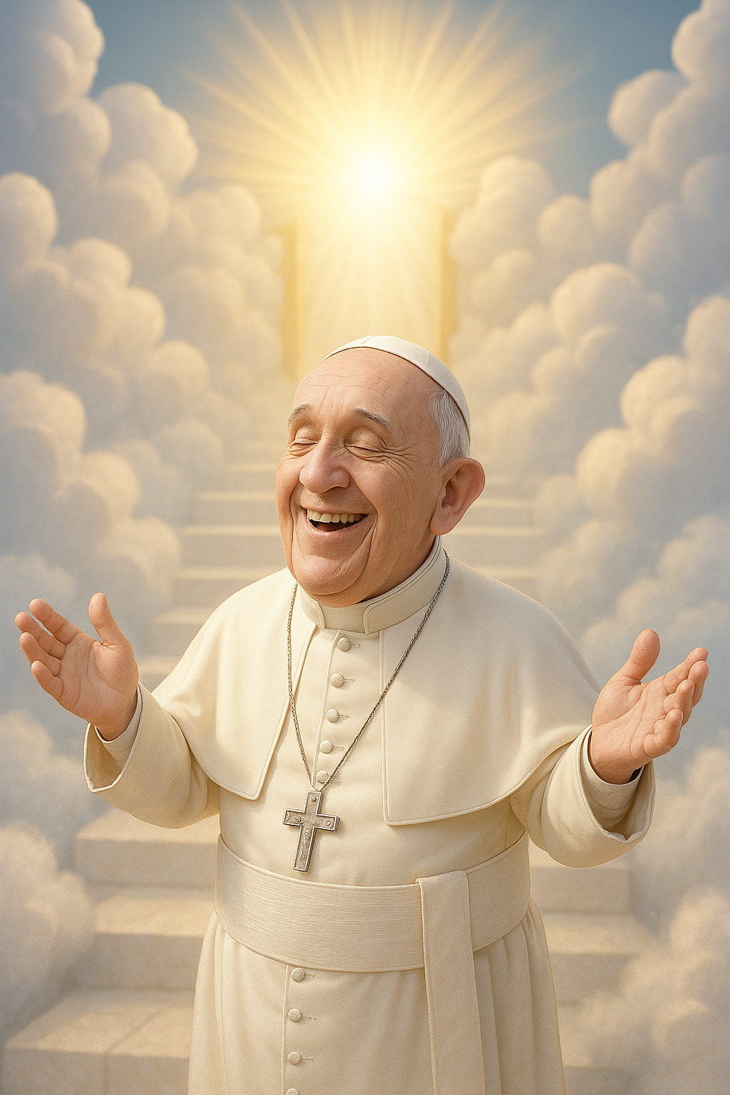 Ilustración solemne del Vaticano durante el Cónclave, mostrando la Capilla Sixtina con la famosa chimenea que despide humo blanco (habemus Papam) junto a los cardenales en oración. Al centro, una representación espiritual del Maestro Saniel Guzmán meditando con un haz de luz dorada que simboliza la conexión directa con Dios, sin intermediarios. Incluye elementos como: las llaves de San Pedro, la Basílica de San Pedro al atardecer y un collage histórico de los últimos papas (Francisco, Benedicto XVI y Juan Pablo II). Estilo semi-realista con tonos azules e dorados eclesiásticos.