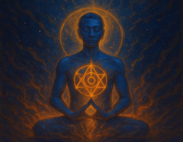 Figura meditativa iluminada con símbolo alquímico dorado en el pecho, rodeada de un fondo cósmico azul y naranja que representa la transformación espiritual.