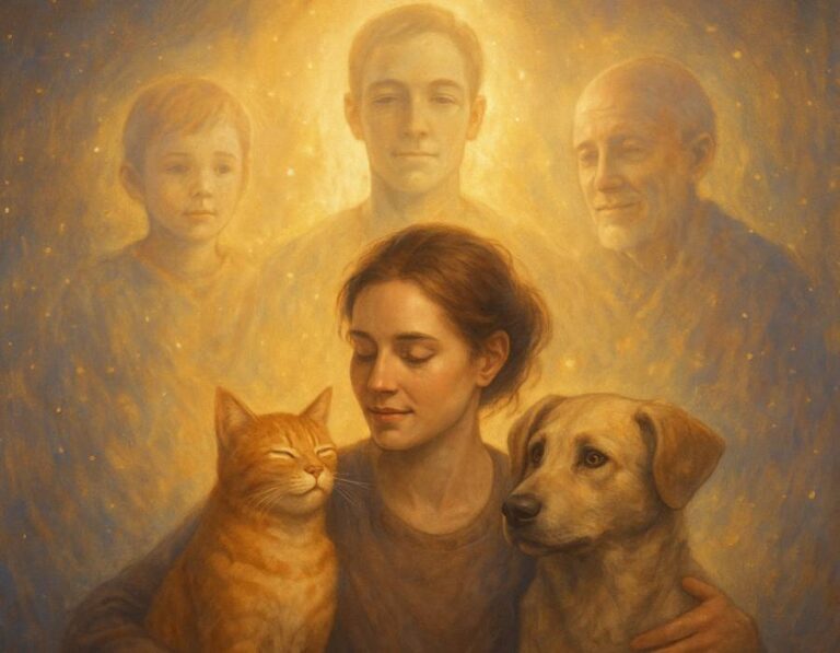 Mujer serena abrazando a un perro y un gato, con figuras espirituales humanas detrás que simbolizan almas familiares en un entorno místico y cálido.