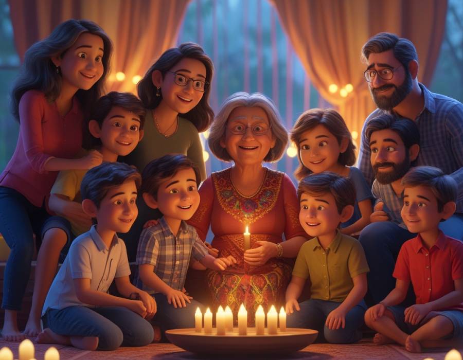 Madre con dos hijos sosteniendo una vela encendida, símbolo de amor y unión familiar en el Día de la Madre.
