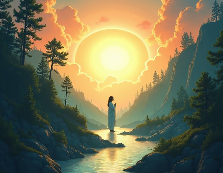Mujer de pie sobre un río en un valle rodeado de montañas y árboles, contemplando un amanecer radiante que simboliza la conexión espiritual con la naturaleza y la divinidad.