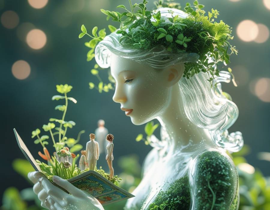Mujer espiritual de cristal con plantas y figuras humanas emergiendo de un libro sagrado, representando la conexión entre la sabiduría divina, la naturaleza y la guía del Tarot espiritual.