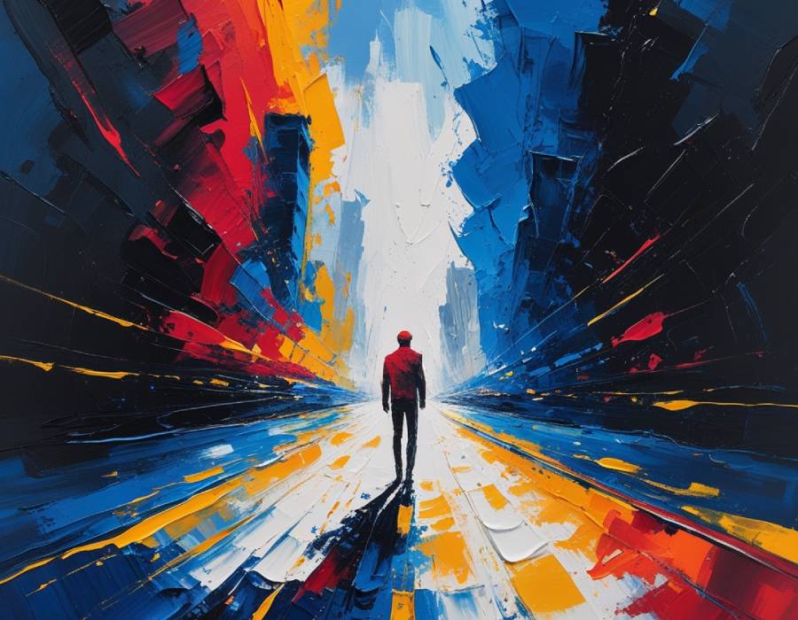 Hombre caminando hacia la luz en un túnel abstracto de colores vivos, representando la percepción del tiempo acelerado y la búsqueda espiritual del presente según la filosofía del Maestro Saniel Guzmán.