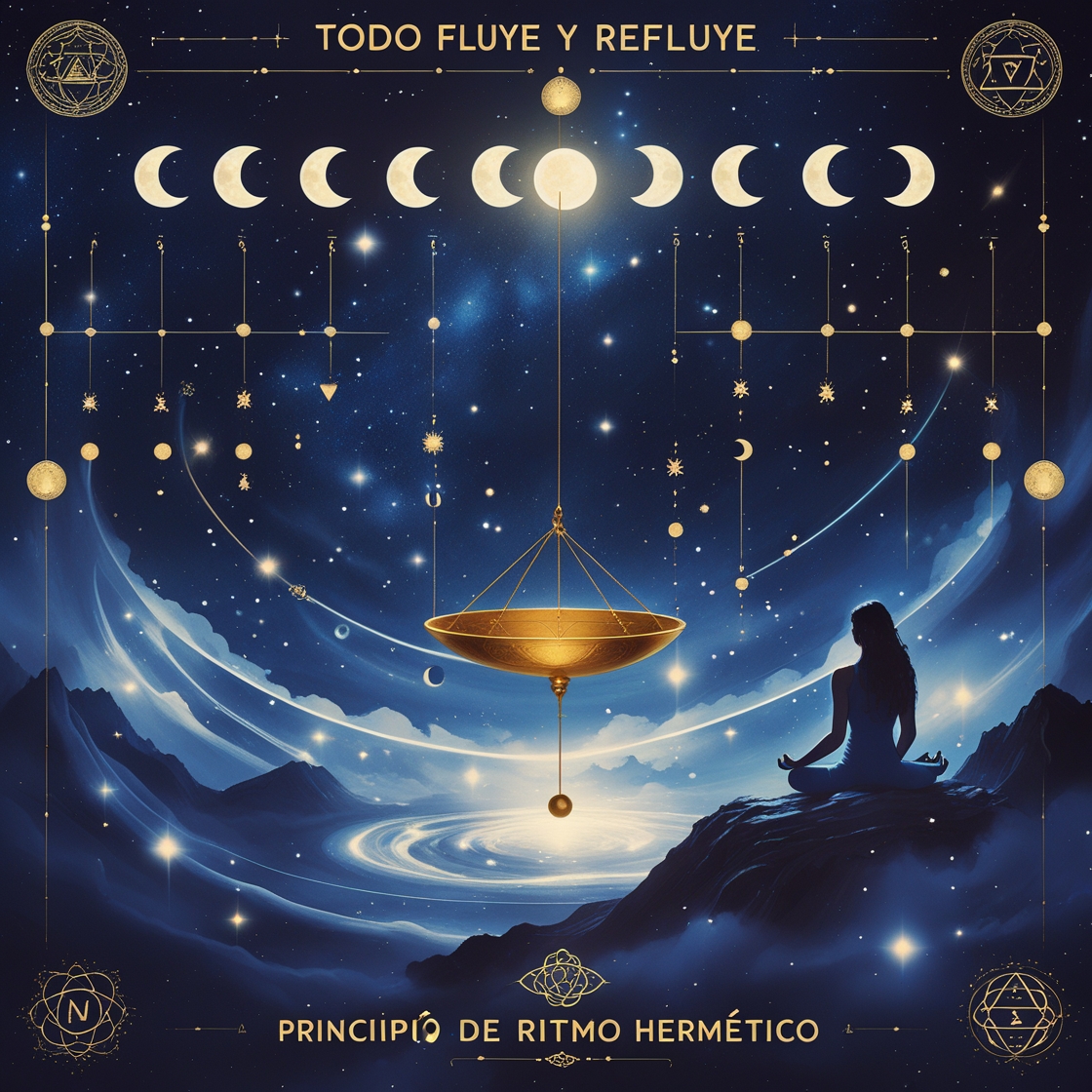 Arte digital místico del Principio de Ritmo Hermético, con fases lunares, un péndulo dorado suspendido sobre un paisaje cósmico y una figura meditativa bajo un cielo estrellado.