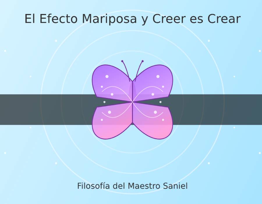 El Efecto Mariposa y el Poder de Creer para Crear – Filosofía del Maestro Saniel Mariposa púrpura con ondas de energía representando el Efecto Mariposa y la creación consciente según la filosofía del Maestro Saniel