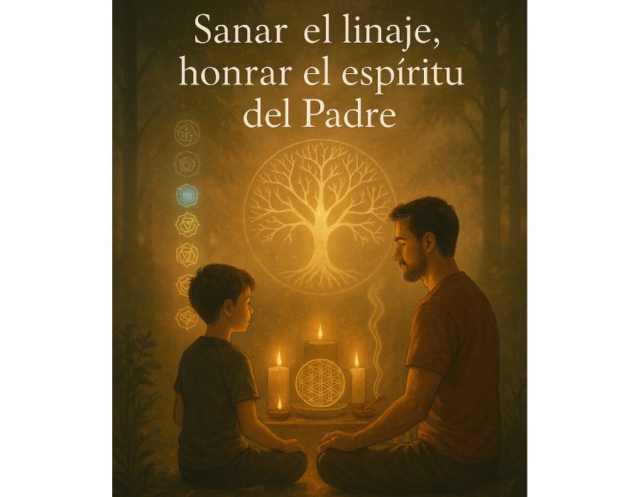 Ilustración alegre y espiritual del Día del Padre, con un padre abrazando a sus dos hijos en un jardín lleno de luz y naturaleza.