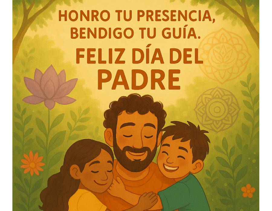 Ilustración alegre y espiritual del Día del Padre, con un padre abrazando a sus dos hijos en un jardín lleno de luz y naturaleza.