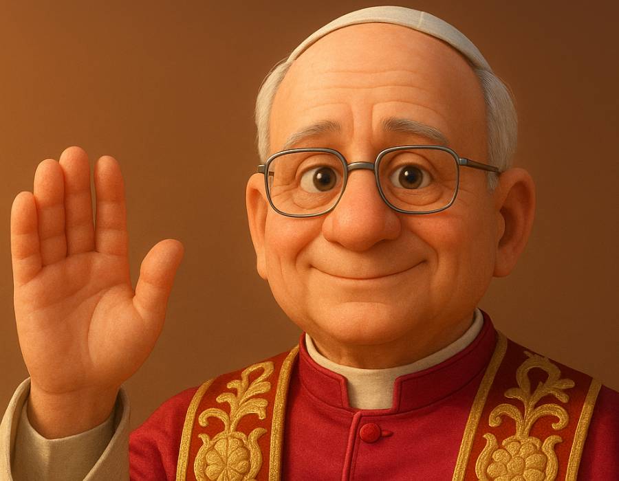 Retrato animado estilo Pixar del Papa León XIV, inspirado en Robert Prevost, saludando con una sonrisa cálida, vestido con ornamentos papales dorados y fondo de cielo en tonos pastel de naranja y rosa, ideal para representar liderazgo espiritual moderno en maestrosaniel.com.