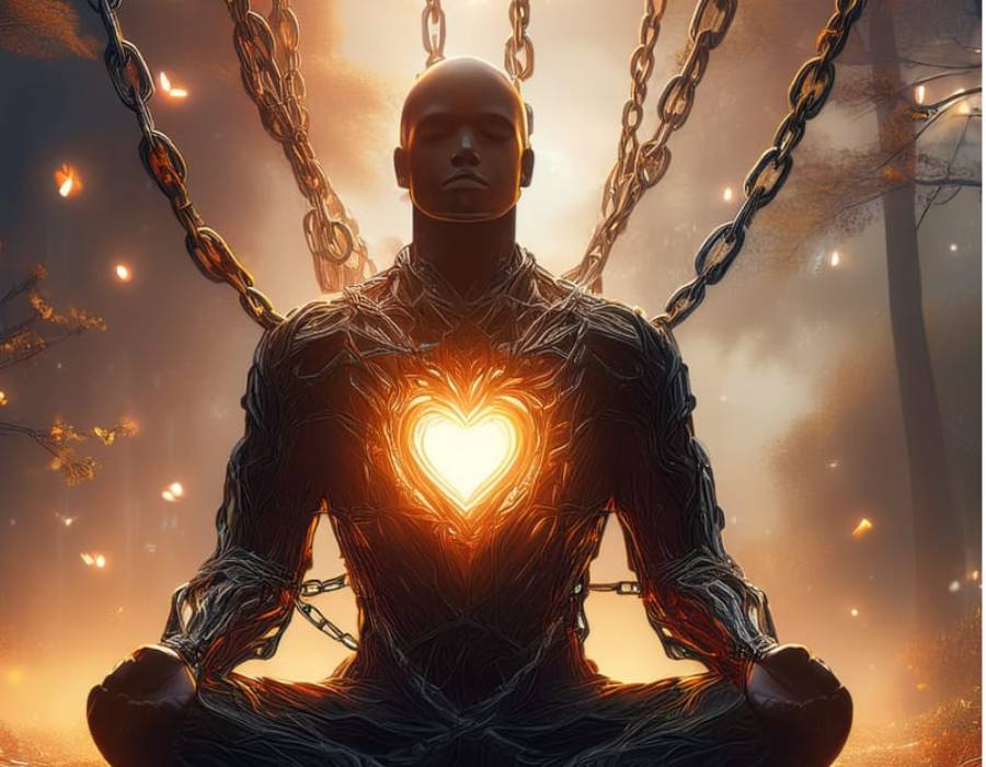 Persona meditando en posición de loto, rodeada de cadenas que se rompen, con un corazón luminoso en el centro del pecho, simbolizando auto-perdón, sanación espiritual, liberación emocional y transformación interior en un entorno místico y natural.