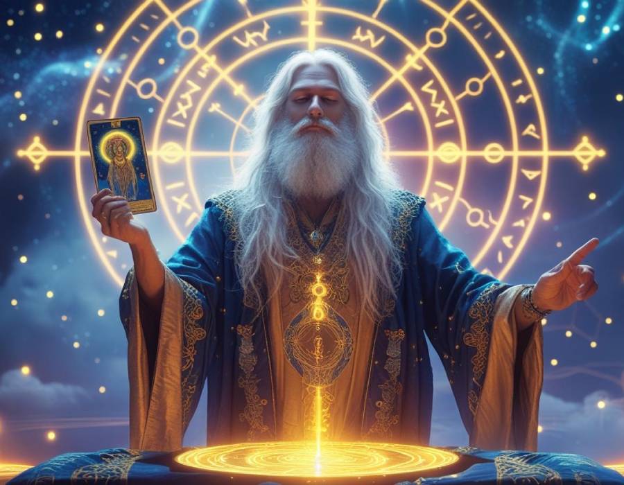 Maestro Saniel en conexión con el Tarot Cuántico Holístico Maestro espiritual canalizando energía con carta del Tarot en mano, frente a un mandala cuántico dorado sobre fondo estelar