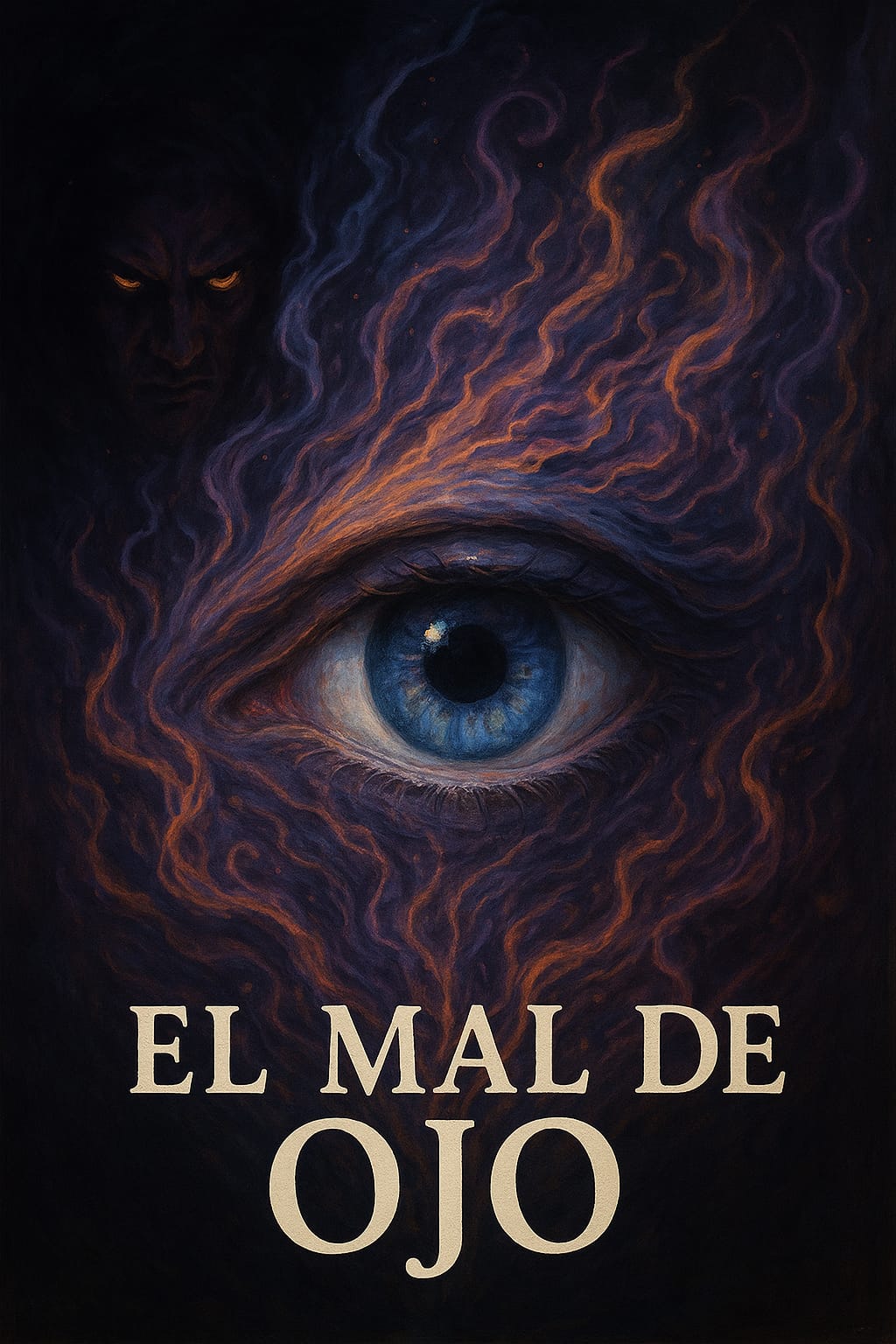 Ojo azul intenso rodeado de energías místicas y figura oscura al fondo, simbolizando el mal de ojo y las energías negativas.