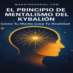 Ilustración espiritual del principio de mentalismo del Kybalión con silueta dorada humana y mente radiante conectada al universo estel