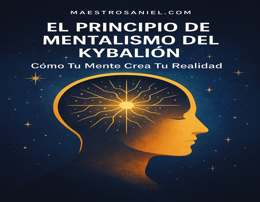 Ilustración espiritual del principio de mentalismo del Kybalión con silueta dorada humana y mente radiante conectada al universo estel