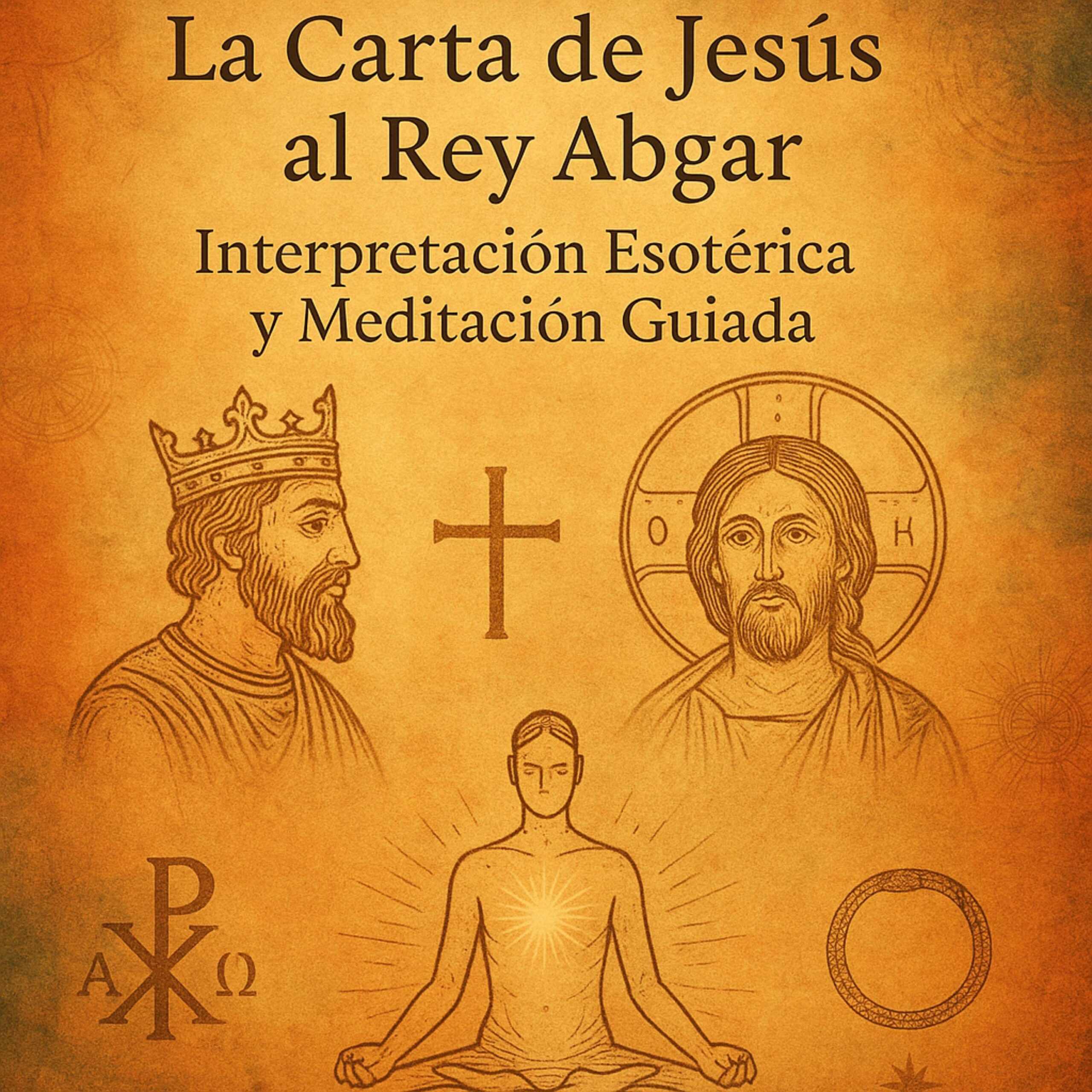 Ilustración esotérica sobre fondo de pergamino antiguo mostrando al rey Abgar y a Jesús, con símbolos cristianos como la cruz, el Crismón (XP), y una figura meditativa irradiando luz desde el corazón, representando la carta de Jesús al rey Abgar, interpretación espiritual y meditación guiada según la filosofía del Maestro Saniel Guzmán.