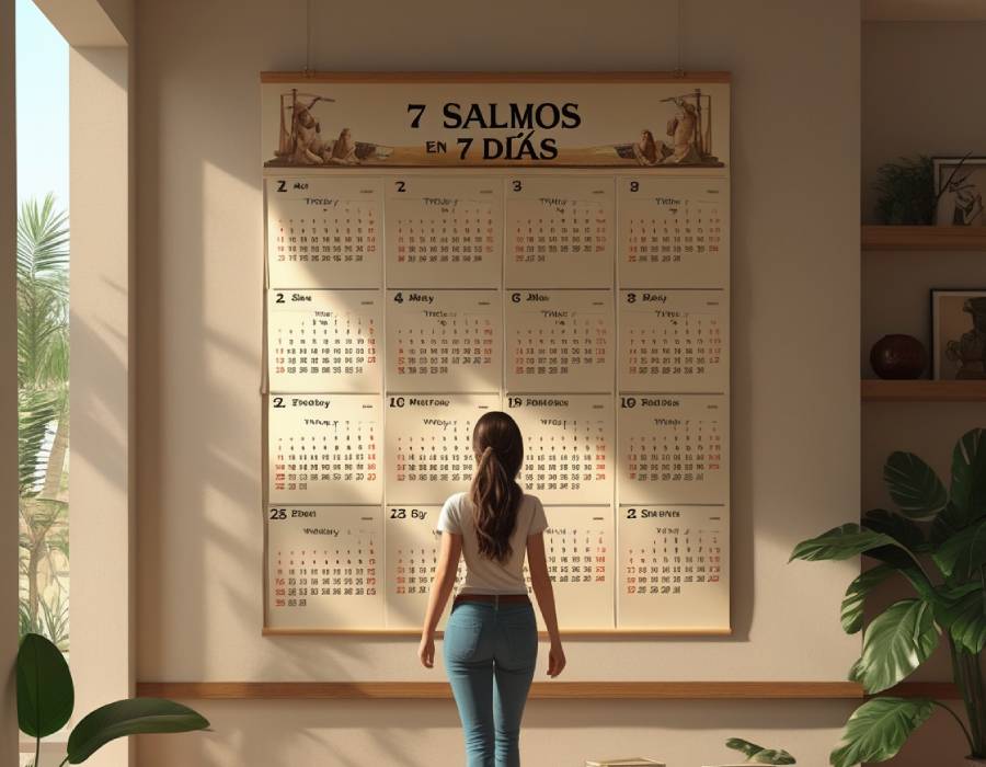 Mujer observando un calendario espiritual con los 7 Salmos para la sanación diaria, en una habitación iluminada por luz natural.